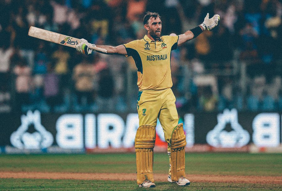 Glenn Maxwell of Australia celebrates after hitting a six for the winning runs, finishing unbeten on 201 not out during the ICC Men's Cricket World Cup India 2023 between Australia and Afghanistan at Wankhede Stadium on November 07, 2023 in Mumbai, India. (Photo by Robert Cianflone/Getty Images)