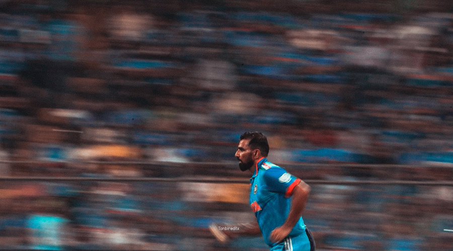 Mohammed Shami of India in bowling action during the ICC Men's Cricket World Cup India 2023 between India and Sri Lanka at Wankhede Stadium on November 02, 2023 in Mumbai, India. (Photo by Surjeet Yadav/Getty Images).